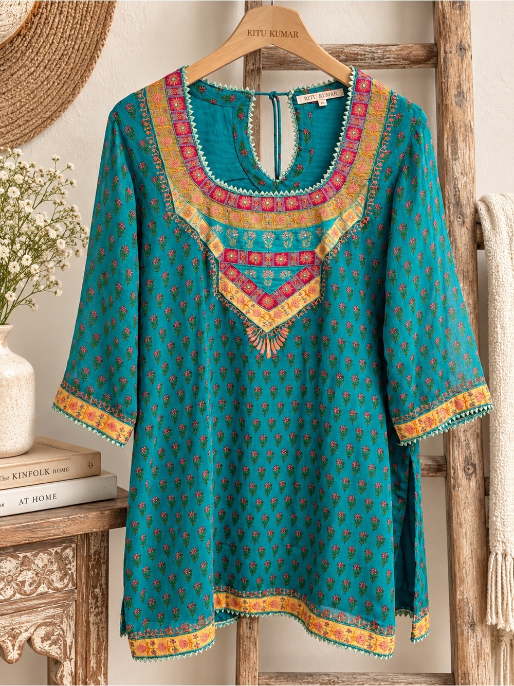 Ritu Kumar Embroidered Teal Boho Tunic Kurta Top Medium